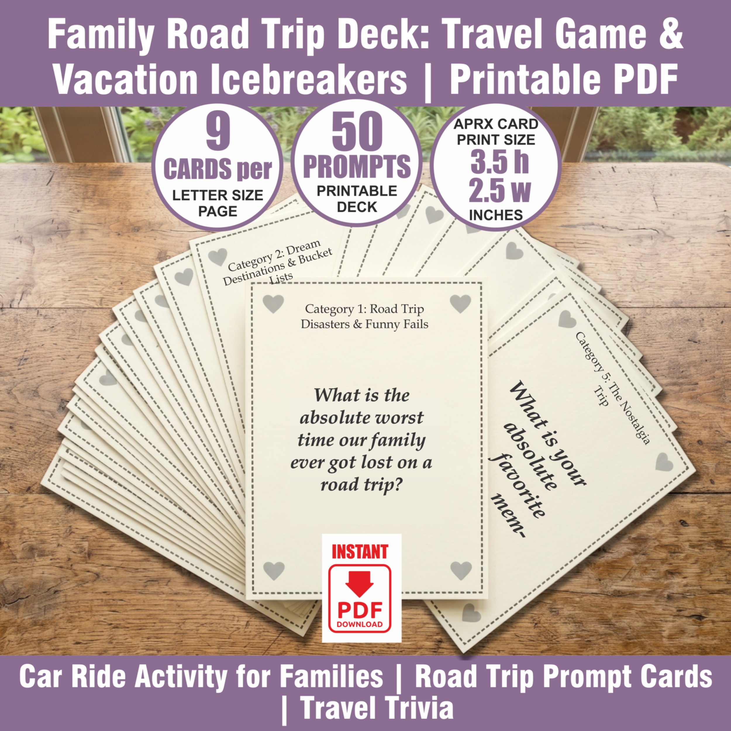 Family Road Trip Deck: Travel Game & Vacation Icebreakers | Printable PDF